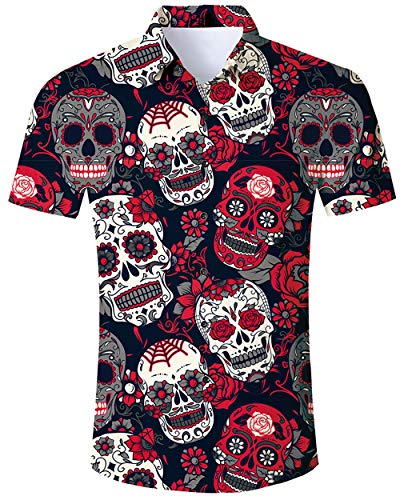 ALISISTER Herren Jungen Halloween Shirt 3D Personalisierte Floral Schädel Gedruckt Button Down Kurzarm Shirts Für Halloween Party M von ALISISTER