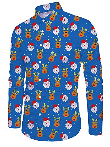 ALISISTER Herren Weihnachtshemd Bunt Langarm Hemd Junge Männer 3D Santa Rentier Hemden Herren Xmas Party Strandhemd Regular Slim Fit Christmas Shirts XL von ALISISTER