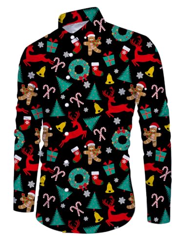 ALISISTER Herren Weihnachtshemd Langarm Xmas Hemd 3D Lebkuchenmann Druckt Button Bluse Hässliche Christmas Shirt Autumn Winter Urlaub Party Hemden XXL von ALISISTER
