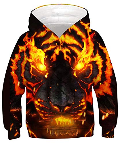 ALISISTER Jungen Mädchen Hoodie 3D Neuheit Feuer Wolf Grafik Kapuzenpullover Sweatshirt Unisex Kinder Langarm Hoody Kapuzensweatshirt mit Taschen (M=8-10 Jahre) von ALISISTER