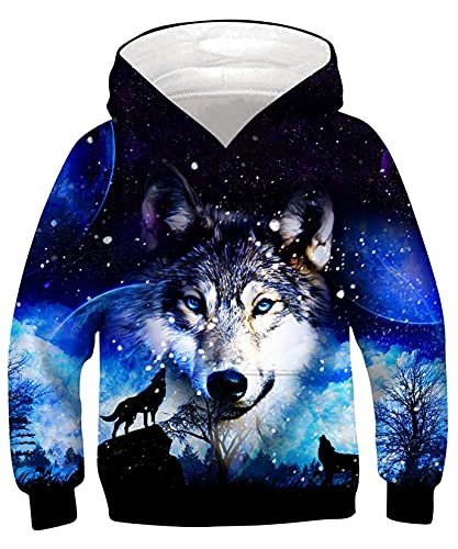 ALISISTER Jungen Mädchen Hoodie Kinder 3D Coole Galaxis Wolf Design Kapuzenpullover Pullover Sweatshirt Mit Taschen Kind Langarm Pulli Tops (L=11-13 Jahre) von ALISISTER