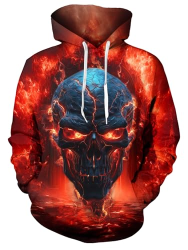 ALISISTER Kapuzenpullover Herren Damen 3D Feuer Schädel Design Pullover Hoodies Unisex Halloween Party Fleece-Innenseite Warm Kostüme Hooded Sweatshirt XXL von ALISISTER