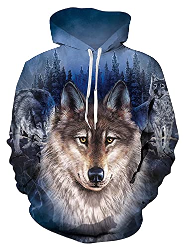 ALISISTER Kapuzenpullover Herren Damen Hoodie 3D Neuheit Wald Wolf Grafik Hooded Pullover Sweatshirt Teen Mädchen Jungen Kapuzenpullis mit Taschen L von ALISISTER