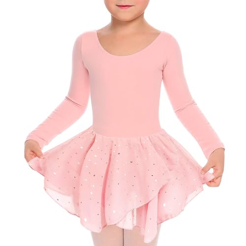 ALISISTER Kinder Rosa Ballettkleidung Mädchen Ballettkleid Langarm Balletttrikot Ballettanzug Tanzkleid Tanzbody aus Baumwolle mit Chiffon Rock Tütü 3-4Jahre von ALISISTER