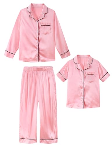 ALISISTER Kinder Satin Pyjama Set für Mädchen 3 Stück Button-Down Seide Nachtwäsche Langärmliger Schlafanzug Rosa 5-6 Jahre von ALISISTER