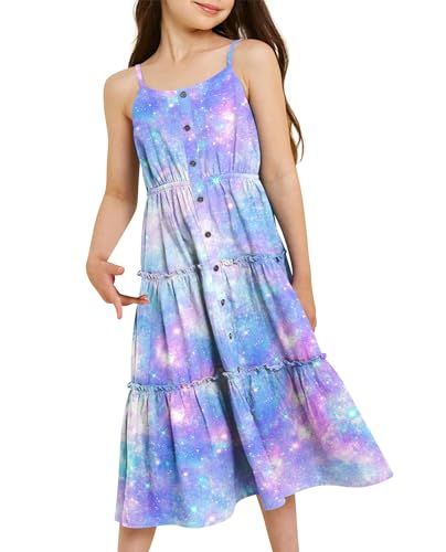 ALISISTER Kleider für Mädchen 11-12 Jahre Kinder Ärmelloses Sommerkleid Sternenhimmel A-Linie Swing Kleider Röcke mit Knopf von ALISISTER