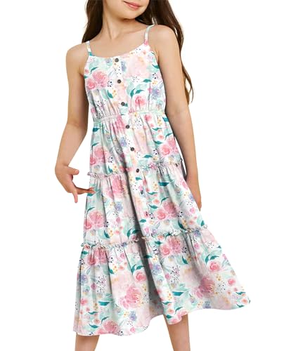 ALISISTER Mädchen Casual Kleider Spaghetti Träger Sundress mit Knopf Rosa Blumen Gedruckt Knielang Strand Midi Kleid für Mädchen 11-12 Jahre von ALISISTER