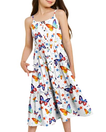 ALISISTER Mädchen Kleider Casual Spaghetti Strap Schmetterlingsdruck Sundress Ärmellos Knielang Cami Kleid 6-7 Jahre von ALISISTER