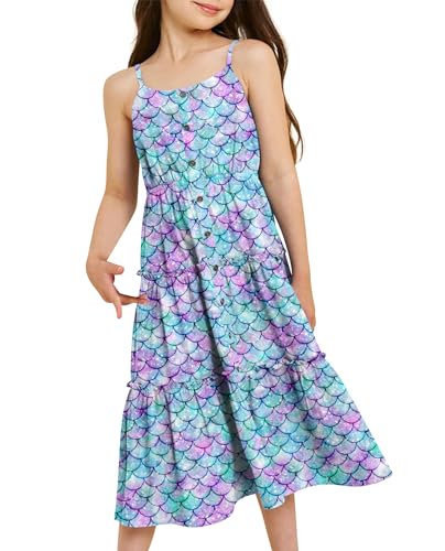 ALISISTER Mädchen Kleider Meerjungfrau Print Ärmelloses Sommerkleid Kinder A-Linie Rüschen Strandkleid 11-12 Jahre von ALISISTER