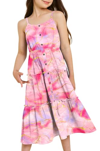 ALISISTER Mädchen Rosa Tie Dye Kleid Verstellbare Spaghetti Strap Sundress Ärmellose Knopfkleider für Kinder 11-12 Jahre von ALISISTER