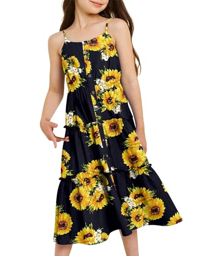 ALISISTER Mädchen Sonnenblume Kleider Spaghetti Strap Knielang Strand Swing Kleid Knopf Ärmellos Kinder Sommerkleid 11-12 Jahre von ALISISTER