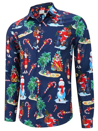 ALISISTER Santa Schneemann Rentiere Weihnachtshemd Männer Xmas Hemd Lustig Muster Button Down Beiläufig Langarm Festival Party Christmas Shirts M von ALISISTER