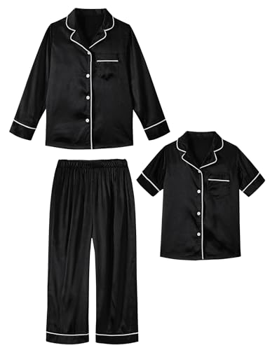 ALISISTER Silk Pyjama Set für Kinder 3 Stück Langarm und Kurzarm Schlafanzug Jungen Mädchen Button-Down Seide Schwar 13-14 Jahre von ALISISTER