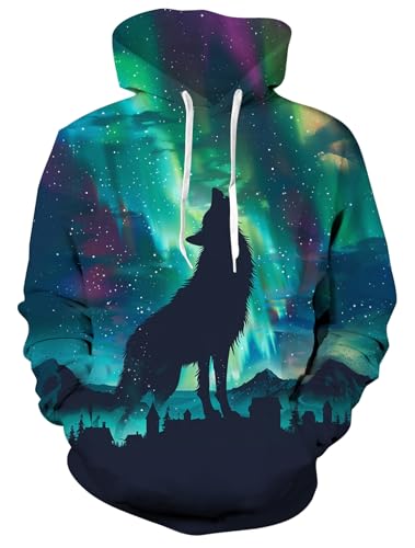 ALISISTER Unisex Hoodie Lustig 3D Sternenhimmel Wolf Druck Kapuzenpullover Pullover Langarm Beiläufig Kapuzen Sweatshirt mit großen Taschen XXL von ALISISTER