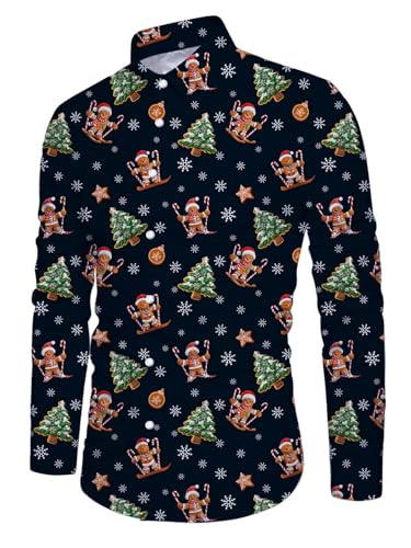 ALISISTER Weihnachten Hemd Funky Langarm 3D Lebkuchenmann Muster Lustig Christmas Button Down Bluse Urlaubshemden Autumn Winter Theme Party Shirts L von ALISISTER
