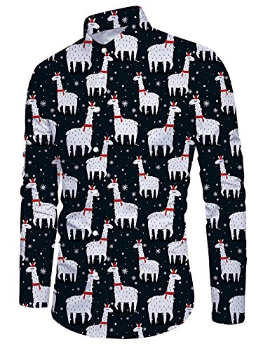 ALISISTER Weihnachten Hemd Funky Langarm 3D Schneeflocke Alpaka Muster Lustig Christmas Button Down Bluse Urlaubshemden Autumn Winter Theme Party Shirts Schwarz L von ALISISTER