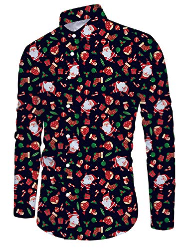 ALISISTER Weihnachten Hemd Herren Santa Hemd Personalisiert 3D Lustig Muster Urlaub Xmas Hemden Männer Button Down Langarm Christmas Shirts Schwarz XXL von ALISISTER