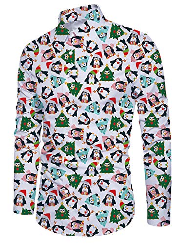 ALISISTER Weihnachtshemd Herren Langarm Xmas Hemd Weiß 3D Pinguin Druckt Hässliche Button Down Christmas Shirts Winter Urlaub Theme Party Freizeithemd L von ALISISTER