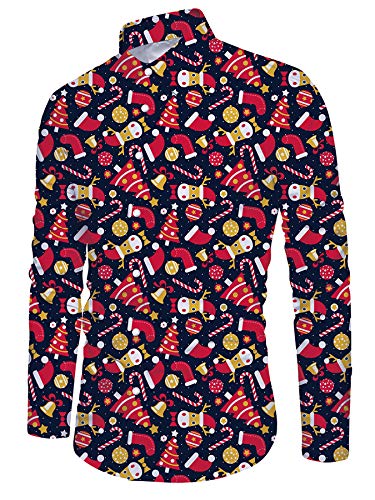 ALISISTER Weihnachtshemd Herren Lustig 3D Rentier Socken Hut Gedruckt Langarm Xmas Hemd Lustig Button Down Festival Christmas Party Shirt Bunt M von ALISISTER