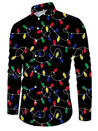 ALISISTER Weihnachtshemd für Herren Teens Bunte String Licht Muster Button Down Bluse Casual Langarm Neuheit Xmas Holiday Dress Shirt XL von ALISISTER