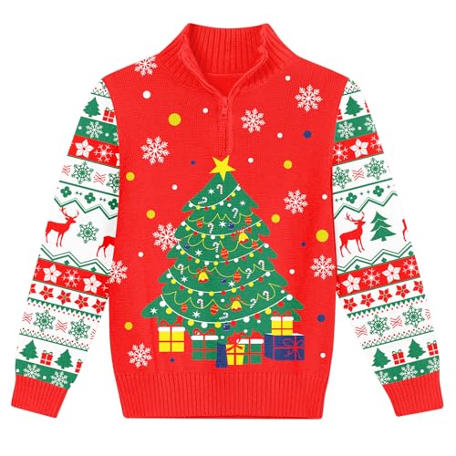 ALISISTER Weihnachtspullover für Kinder 9-10 Jahre Jungen Hässlicher Weihnachtspullover Reißverschluss Strickpullover Xmas Baum Rollkragen Jumper von ALISISTER