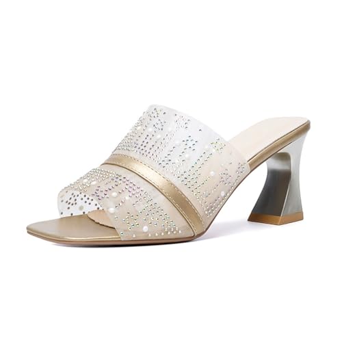 Sandalen mit Absatz für Damen, sexy Mesh-Strass, ausgehöhlt, elegante Hausschuhe, quadratisch, offener Zehenbereich, Slip-On, klobige High Heels, Hausschuhe, Hochzeit, Party, Pumps (Color : Gold, Si von ALISSE