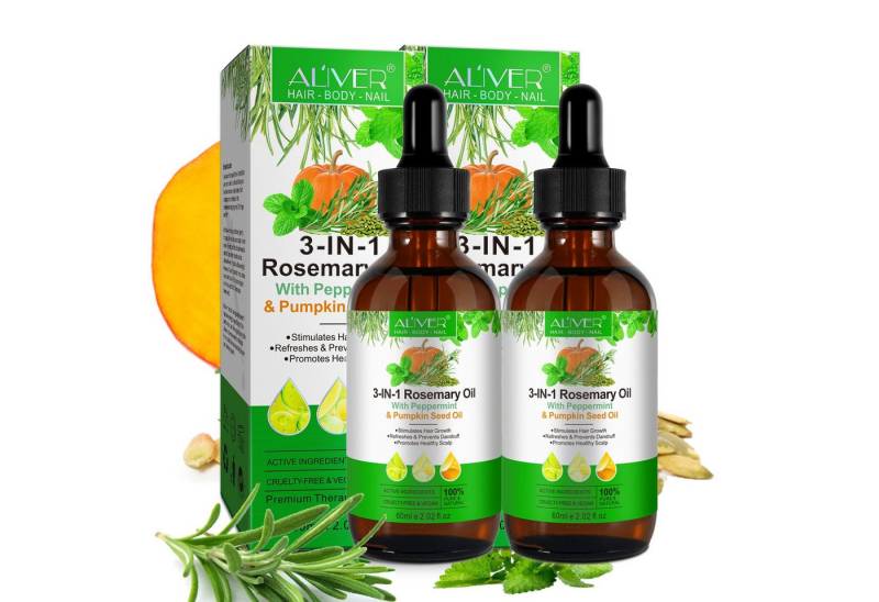ALIVER Haaröl 3-in-1 Rosmarinöl Ätherisches Pfefferminzöl Kürbiskernöl, 2-tlg., 3-in-1-Rosmarinöl mit Pfefferminzöl und Kürbiskernöl 60 ml von ALIVER
