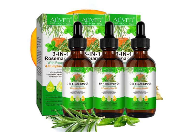 ALIVER Haaröl 3-in-1 Rosmarinöl Ätherisches Pfefferminzöl Kürbiskernöl, 3-tlg., 3-in-1-Rosmarinöl mit Pfefferminzöl und Kürbiskernöl 60 ml von ALIVER