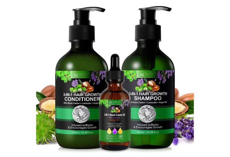 ALIVER Haarpflege-Set Shampoo Conditioner Haaröl mit Biotin Rizinus Lavendel Argan Öl von ALIVER