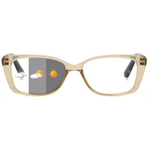 ALKAHE Lesebrille mit Selbsttönende Grau Linse Rechteck Rahmen - Photochrome Lesehilfe Sehhilfe Damen Herren UV400 Schutz Brille mit Sonnenschutz Gold Brille 2.5 von ALKAHE