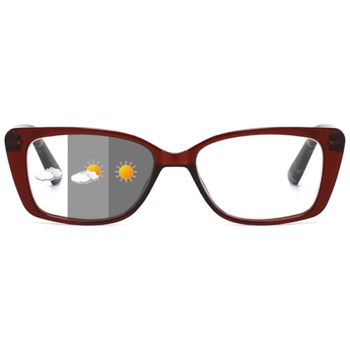 ALKAHE Lesebrille mit Selbsttönende Grau Linse Rechteck Rahmen - Photochrome Lesehilfe Sehhilfe Damen Herren UV400 Schutz Brille mit Sonnenschutz Rot Brille 2.0 von ALKAHE