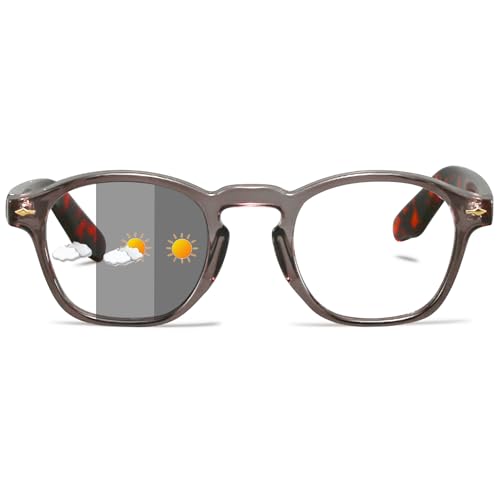 ALKAHE Selbsttönende Lesebrille mit Grau Linse Rechteck Rahmen - Photochrome Lesehilfe Damen Herren Sehhilfe UV400 Schutz Brille mit Sonnenschutz Grau Rahmen Schildpatt Arm Brille 1.75 von ALKAHE