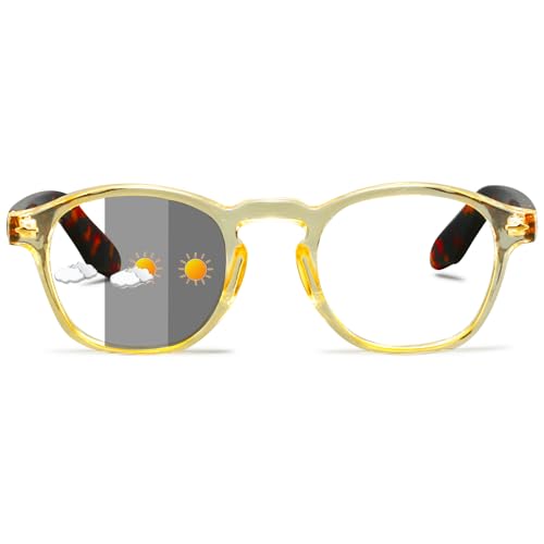 ALKAHE Selbsttönende Lesebrille mit Grau Linse Rechteck Rahmen - Photochrome Lesehilfe Damen Herren Sehhilfe UV400 Schutz Brille mit Sonnenschutz Orange Rahmen Schildpatt Arm Brille 1.0 von ALKAHE