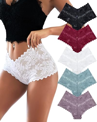 ALL OF ME 5er Pack Damen Unterwäsche Spitzen Boxershorts Unterhosen Frauen Brazilian Sexy Panties Hipster Weiche Spitze Dessous for Women Mehrpack S-XL von ALL OF ME