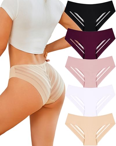 ALL OF SHE 5er Pack Seamless Slips Bequem Damen Unterwäsche Frauen Nahtlose Unterwäsche Damen Sexy Slip Mit Spitze Panties M von ALL OF SHE