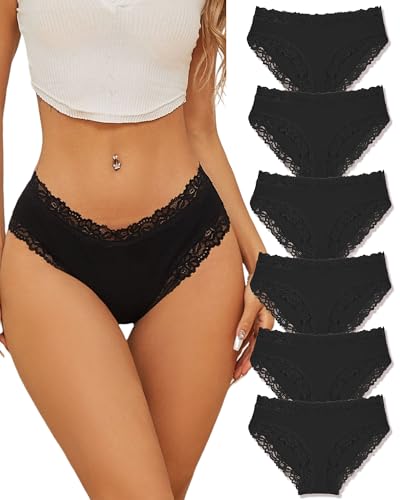 ALL OF SHE 6er Pack Baumwolle Unterwäsche Spitze Unterhose Frauen Brazilian Slip Cheeky Women Underwear Mehrpack S-XL,Black-6,M von ALL OF SHE