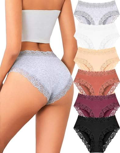 ALL OF SHE 6er Pack Unterhosen Damen Baumwolle Unterwäsche Frauen Spitze Slips Baumwoll Hipster Frauen Underwear Soft Brazilian Panties Mehrpack S-XL von ALL OF SHE