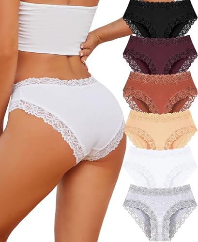 ALL OF SHE 6er Pack Unterhosen Damen Baumwolle Unterwäsche Frauen Spitze Slips Baumwoll Hipster Frauen Underwear Soft Brazilian Panties Mehrpack S-XL von ALL OF SHE