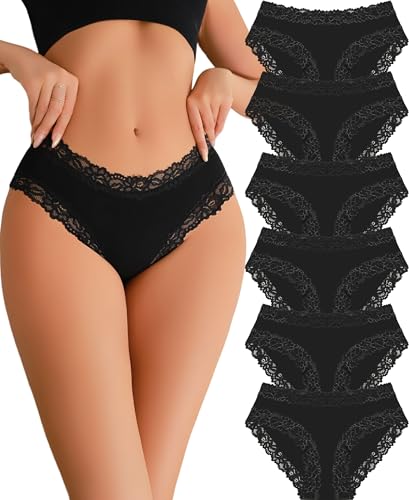ALL OF SHE 6er Pack Unterhosen Damen Baumwolle Unterwäsche Frauen Spitze Slips Baumwoll Hipster Frauen Underwear Soft Brazilian Panties Mehrpack S-XL von ALL OF SHE