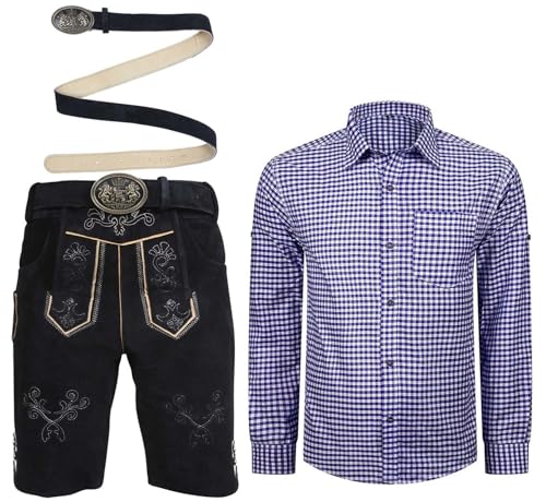 ALL THE GOOD Herren Trachten Set Lederhose Schwarz mit Gürtel + Trachten Hemd Bayerische Oktoberfest Trachtenlederhose MGKHBR01 (Hemd Blau/Weiß kariert, Hose 48 Hemd L) von ALL THE GOOD