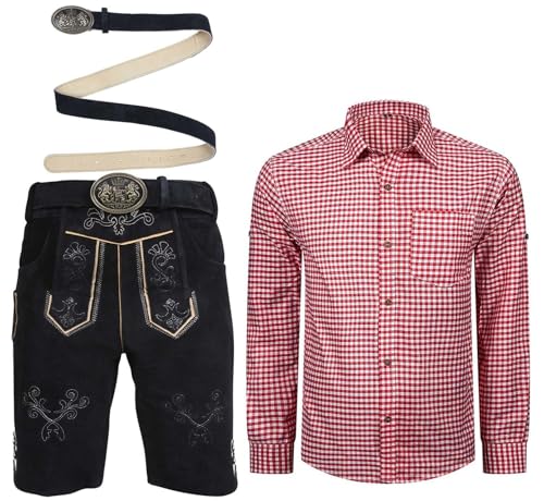 ALL THE GOOD Herren Trachten Set Lederhose Schwarz mit Gürtel + Trachten Hemd Bayerische Oktoberfest Trachtenlederhose MGKHBR01 (Hemd Rot/Weiß kariert, Hose 58 Hemd XL) von ALL THE GOOD