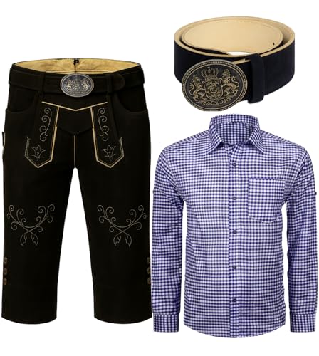 ALL THE GOOD Herren Trachten Set Lederhose mit Gürtel + Trachten Hemd Bayerische Oktoberfest Trachtenlederhose GLHSBR02 (Hemd Blau/Weiß kariert, Hose 54 Hemd L) von ALL THE GOOD