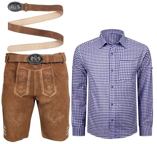 ALL THE GOOD Herren Trachten Set Lederhose mit Gürtel + Trachten Hemd Bayerische Oktoberfest Trachtenlederhose MGKHBR01 (Hemd Blau/Weiß kariert, Hose 46 + Hemd S) von ALL THE GOOD
