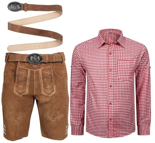 ALL THE GOOD Herren Trachten Set Lederhose mit Gürtel + Trachten Hemd Bayerische Oktoberfest Trachtenlederhose MGKHBR01 (Hemd Rot/Weiß kariert, Hose 58 Hemd 2XL) von ALL THE GOOD