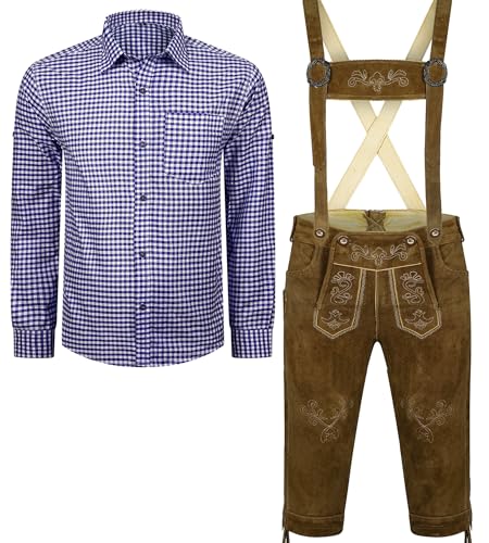 ALL THE GOOD Herren Trachten Set Lederhose mit Trägern + Trachten Hemd Bayerische Oktoberfest (Hose + Hemd) BLB02 (Lederhose 48 + Hemd M) von ALL THE GOOD
