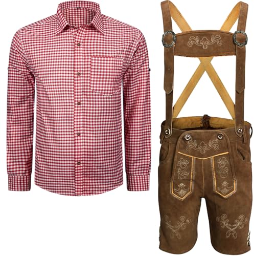 ALL THE GOOD Herren Trachten Set Lederhose mit Trägern + Trachten Hemd Bayerische Oktoberfest (Lederhose 52 + Hemd M) von ALL THE GOOD