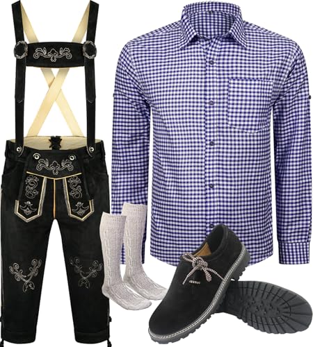 ALL THE GOOD S 2 Trachtenset (Hose +Hemd +Schuhe +Socken) Bayerische Lederhose Trachtenhose Oktoberfest Leder Hose Trachten (56) von ALL THE GOOD