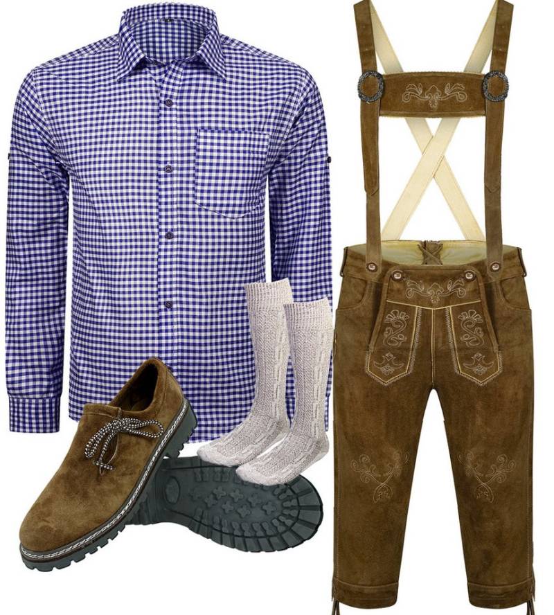 ALL THE GOOD Trachtenlederhose ALL THE GOOD Herren Trachten Set Oktoberfest Bayerische Lederhose B2 (Trachten-Set, 4er Set, Hose + Hemd + Schuhe + Socken) von ALL THE GOOD