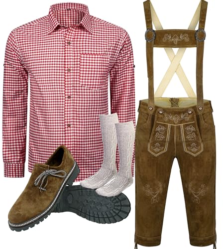 ALL THE GOOD B 1 Trachtenset (Hose +Hemd +Schuhe +Socken) Bayerische Lederhose Trachtenhose Oktoberfest Leder Hose Trachten (Hose 52 Hemd 42/43) von ALL THE GOOD