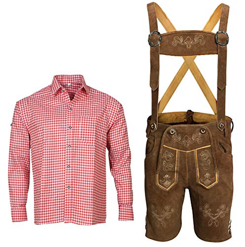 Herren Trachten Set Lederhose mit Trägern + Trachten Hemd Bayerische Oktoberfest (Hose + Hemd) BKR01 (Lederhose 46 + Hemd S) von ALL THE GOOD